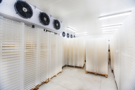 Large refrigerated room with pallets of material and a circulation system on the ceiling.